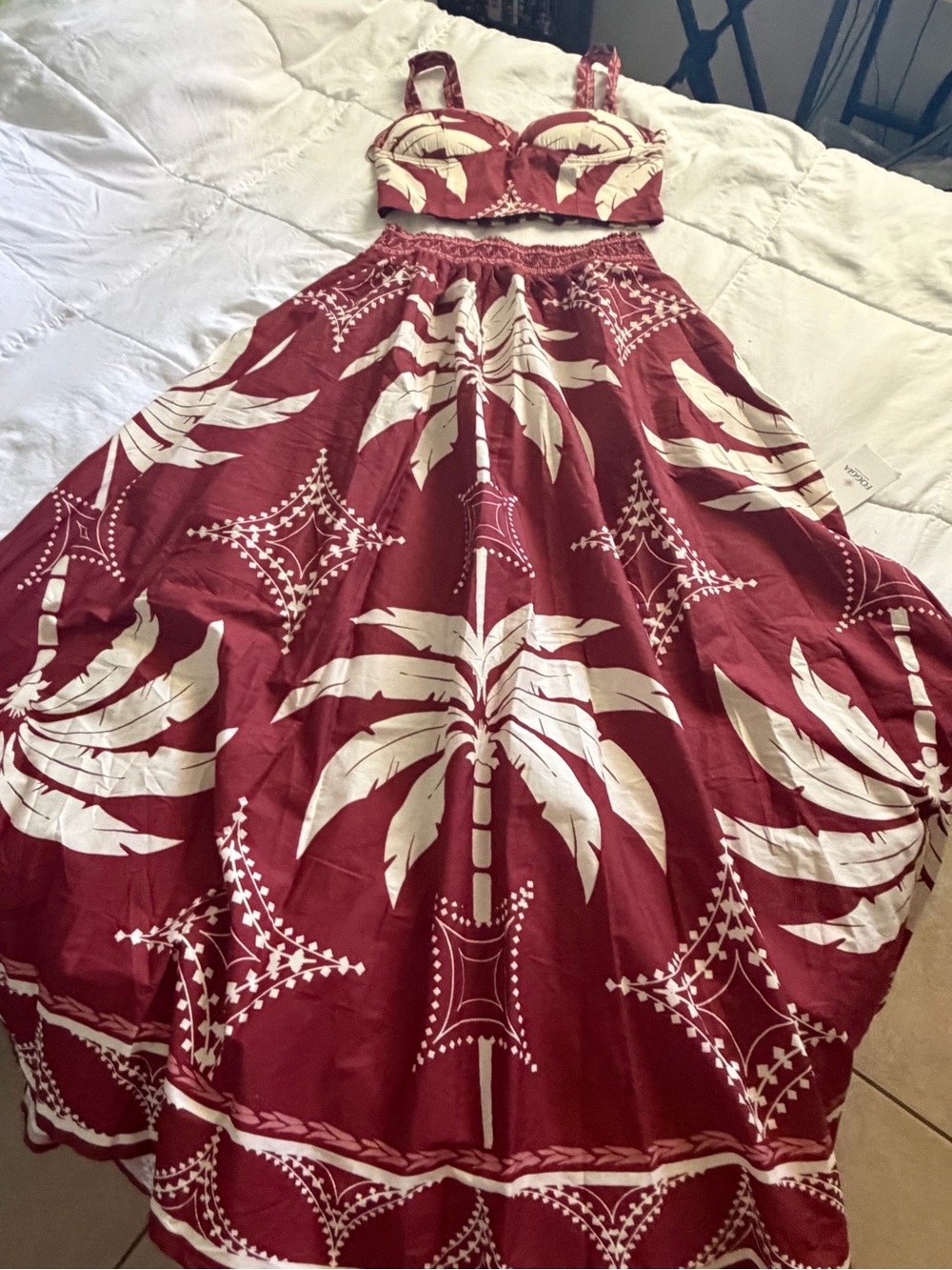 Women's Red and White Tropical Top and Maxi Skirt Set